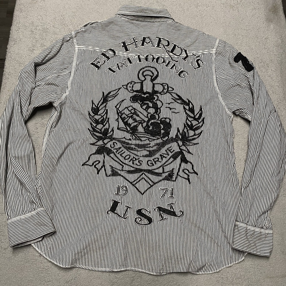 Ed Hardy Shirt Mens Large Embroidered Pearl Snap Sailing Navy Anchor